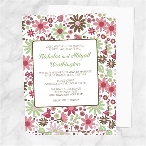 Summer Vow Renewal Invitations Green Berry Pink Brown Flowers Floral