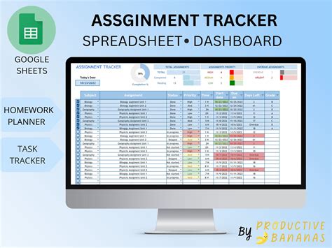 ASSIGNMENT TRACKER Google Sheets Template Homework Planner College and High School Digital ...