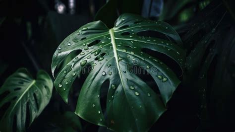 Cierre De Hojas De Plantas Tropicales De Monstera Con Gotas De Lluvia Fondo Natural Verde Ai