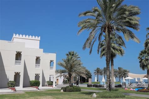 Un Hotel Con Palmeras Y Un Edificio Al Fondo Foto Premium