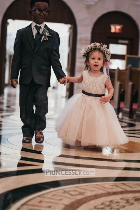 Ivory Lace Tulle Pink Lining Wedding Flower Girl Dress With Navy Blue