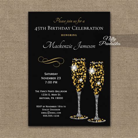 Birthday Invitations Champagne Glam Sparkle Nifty Printables