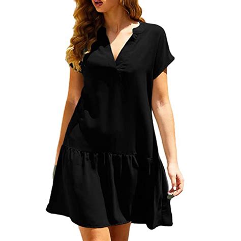 Vsssj Womens Casual Loose Dresses V Neck Short Sleeve Summer Cotton Linen Dress Flowy Solid