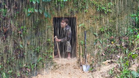 Building A Dugout Survival Tunnel Hide In A Shelter During Heavy Rain