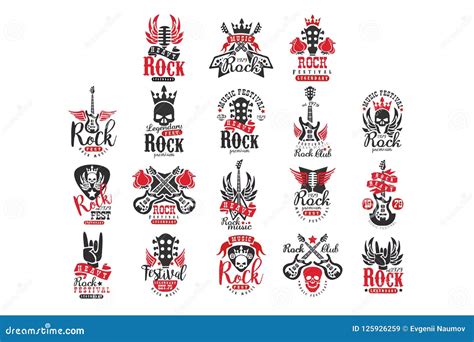 Set Of Vintage Rock Logos Original Monochrome Emblems With Guitars