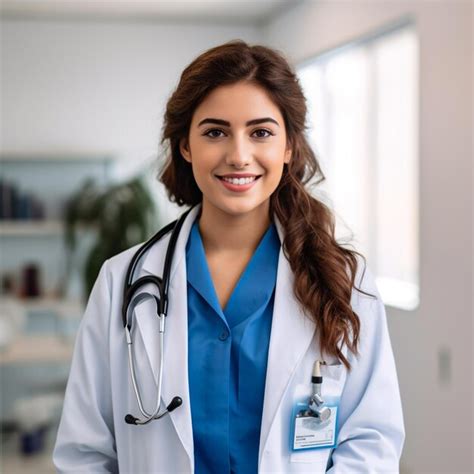 Premium Photo A Happy Female Doctor Wear Blue Uniform White Medical