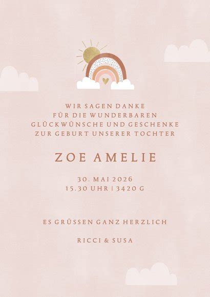 Dankeskarte Zur Geburt Regenbogen Rosa Und Send A Smile