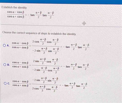 Solved Establish The Identity Cos Alpha Cos Beta Cos Alpha Cos