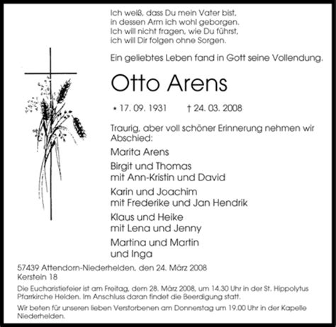 Traueranzeigen Von Otto Arens Trauer In NRW De