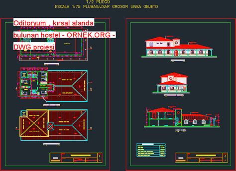 Oditoryum kırsal alanda bulunan hostel dwg projesi Autocad Projeler