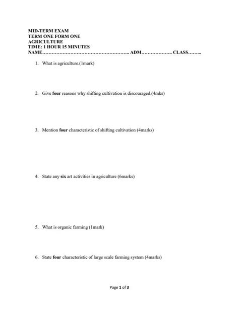 Form 1 Agriculture Mid Term 1 Examination 2023 1418