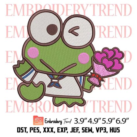 Keroppi Holding Flowers Embroidery Design, Sanrio Keroppi Embroidery Digitizing Pes File