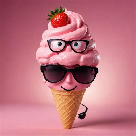 Pink Ice Cream Cone With Glasses And A Strawberry On It Premium Ai