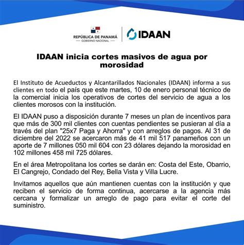 Idaan On Twitter Idaan Inicia Cortes Masivos De Agua Por Morosidad