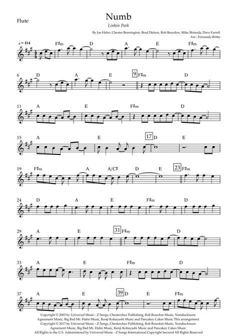 Numb Arr Fernando Britto By Linkin Park Sheet Music For Flute Solo At Sheet Music Direct