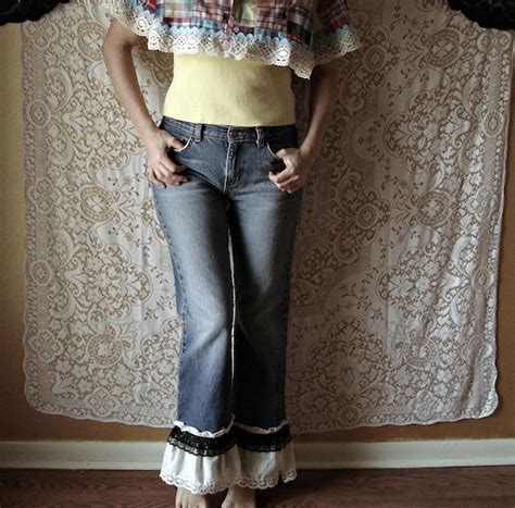 Shabby Chic Jeans Ruffled Lace Upcycled