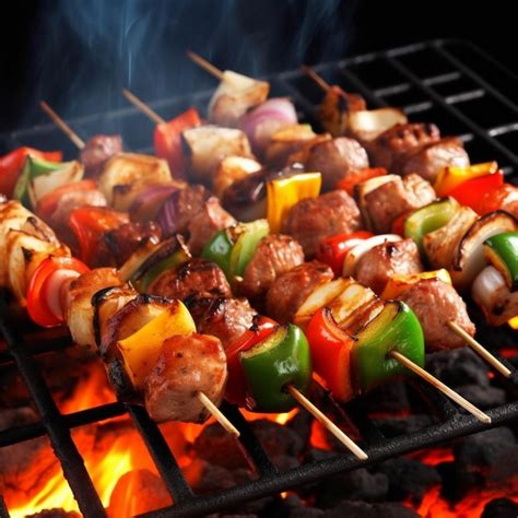 Premium Ai Image Grilled Shish Kebab With Vegetables On Barbecue Grill