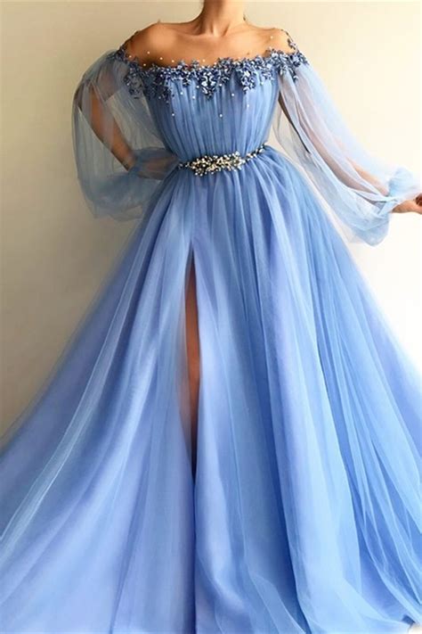 Elegant Ball Gown Off The Shoulder Long Sleeves Side Slit Blue Tulle Prom Evening Dress With