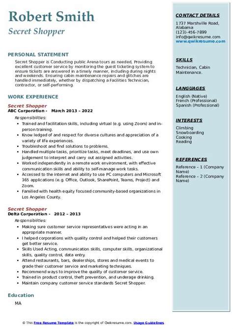 Secret Shopper Resume Samples Qwikresume