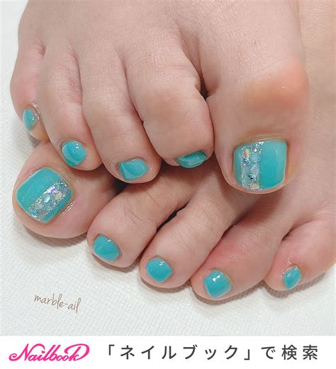 夏 オールシーズン フット ビジュー グリーン 葛西 マーブルアイル nailsalon marble ail のネイルデザイン No