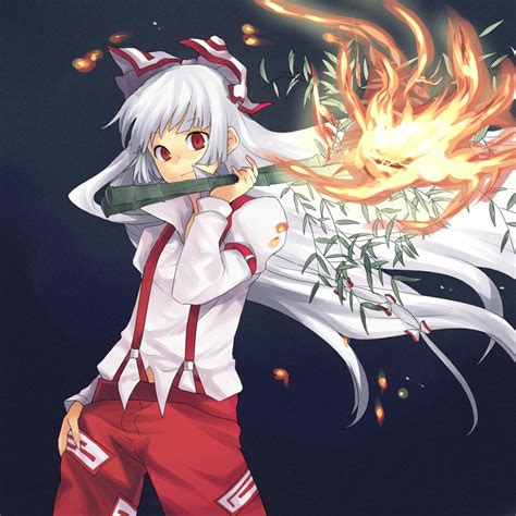 Safebooru Bamboo Bow Fire Fujiwara No Mokou Hair Bow Hair Ribbon Jpeg