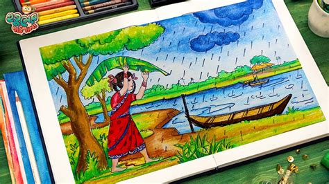 Rainy Season Drawing How To Draw Rainy Season Scenery Village