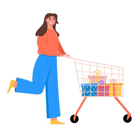 Young woman with shopping cart. Customer buying gifts. Shopping and