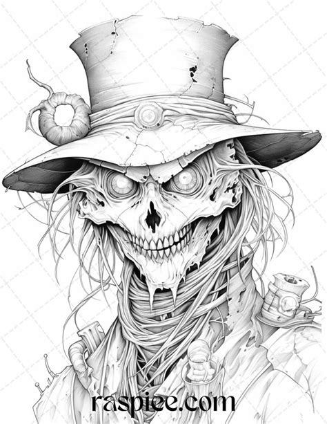 53 Scary Steampunk Scarecrows Grayscale Coloring Pages Printable For A