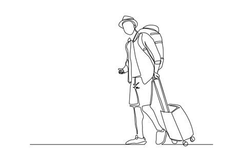 Continuous Line Drawing Of Traveler Man With Luggage Single One Line