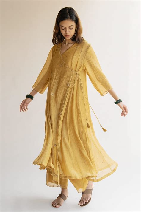 Buy Yellow Chanderi Embroidered Nakshi Kangri V Neck Angrakha Kurta For