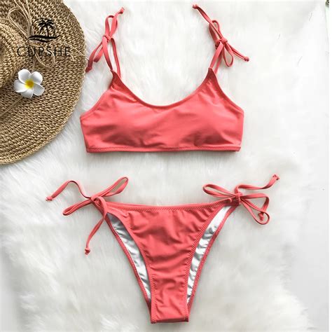 Cupshe Coral Red Juice Solid Bikini Set Women Tied Bow Shirring Thong