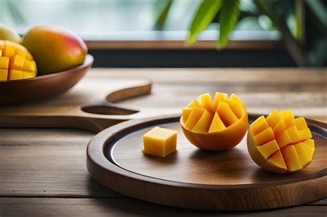 Premium Photo Mango On A Wooden Tray With A Bowl Of Mangoes On The Table