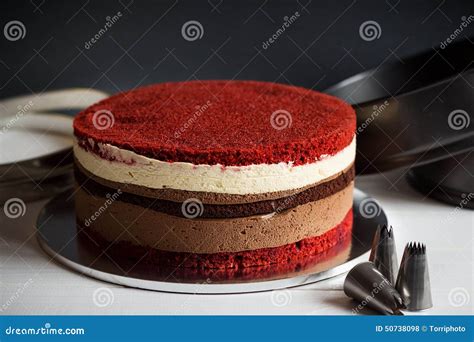 Naked Layer Cake With Red Velvet And Chocolate Biscuit And Cream Stock