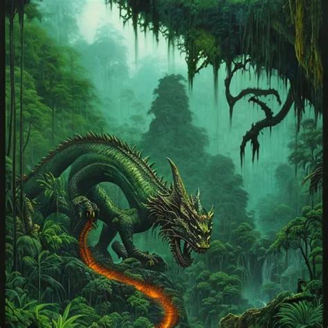 Landscape Painting Lush And Dark Jungle A Dragon W