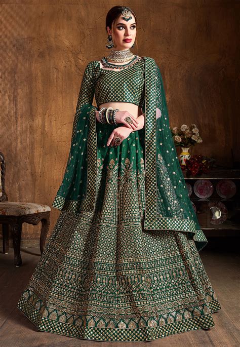 Buy Embroidered Art Silk Lehenga In Dark Green Online Lyc Utsav