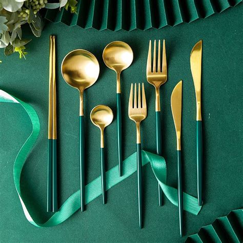 Stainless Steel Dark Green Cutlery Set Dinnerware Set Gold Silverware