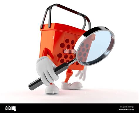 Shopping Basket Character Looking Through Magnifying Glass Isolated On