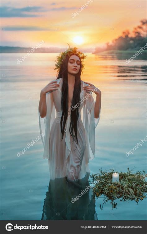 Pagan Girl Slavic Goddess Emerges From Water Lake Ritual Flower Wreaths