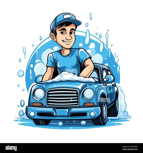 Vector Illustration Of A Man Washing His Car With Soap And Water Stock