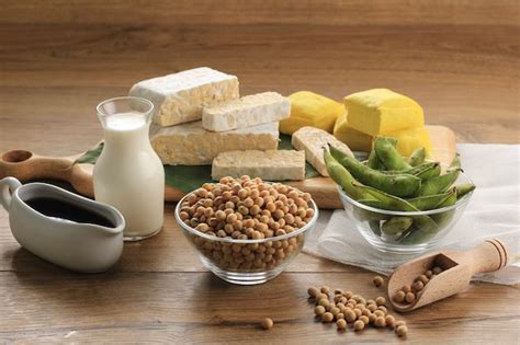 Premium Photo Soy Product Raw Tofu Tempeh Soy Milk Soy Sauce And