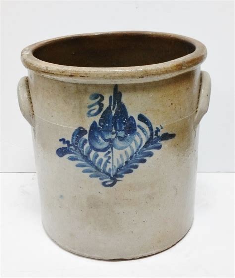 Antique 3 Gallon Blue Decorated Stoneware Crock Barnebys