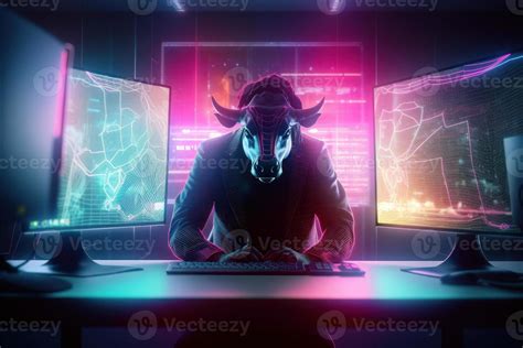 Bull Trading With Computer With Graph On Screen Bullish In Stock