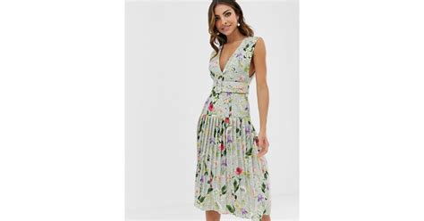 Asos Botanical Floral Plunge Belted Pleated Midi Dress Lyst