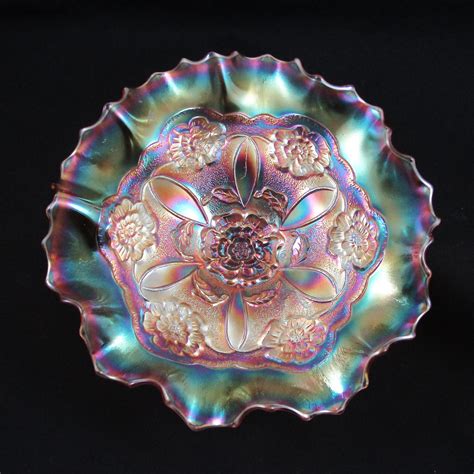 Antique Dugan Marigold Double Stem Rose Carnival Glass 10 Ruffle Bowl Carnival Glass