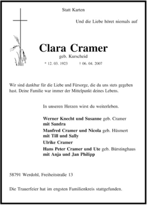 Traueranzeigen Von Clara Cramer Trauer In Nrw De