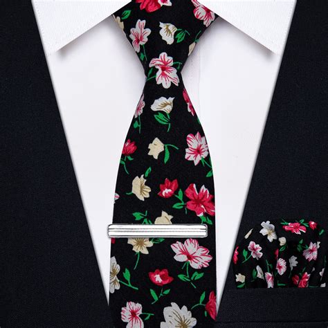 Black Red Floral Printed Skinny Tie Set With Tie Clip Yourties