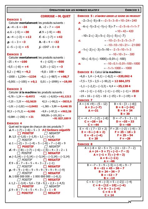 Multiplication Des Nombres Relatifs Exercices Corrig S Dyrassa