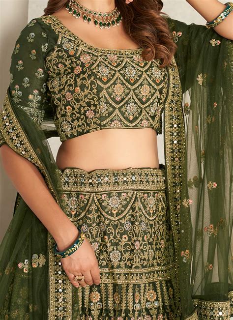 Shop Green Organza Embroidered Umbrella Lehenga Wedding Wear Online At