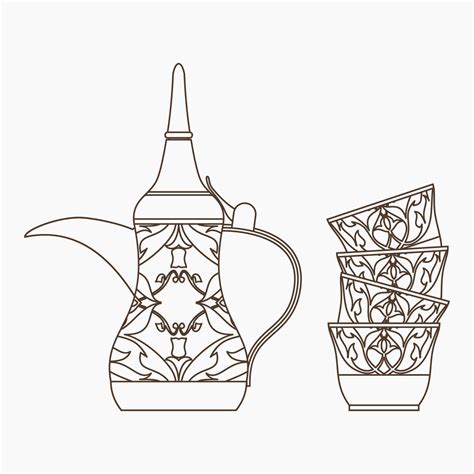 Editable Isolated Side View Arabian Dallah Coffee Pot And Finjan Cups