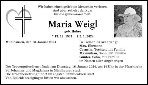 Traueranzeigen Von Maria Weigl Augsburger Allgemeine Zeitung